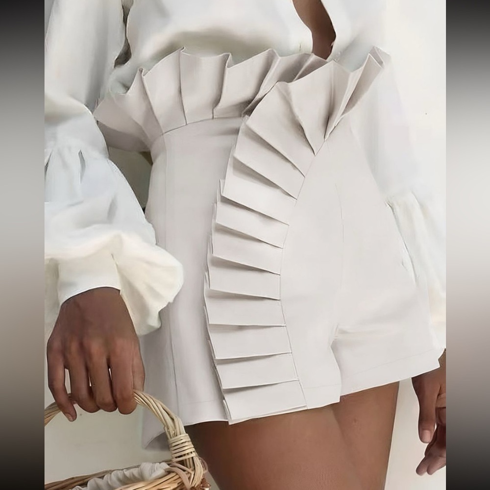 Cream Pleated High Waisted Shorts